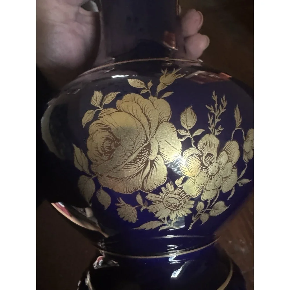 Bareuther Waldsassen Echt Cobalt Blue Vase 22K Gold Floral‎ Rose Sunflower 9.5